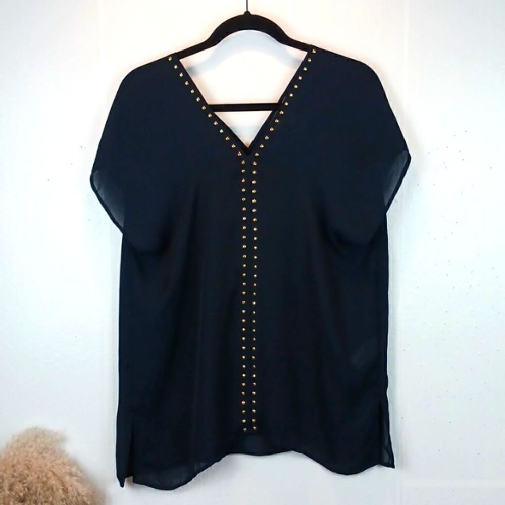 Michael Michael Kors Women  black V neck short sleeve top with gold studded trim